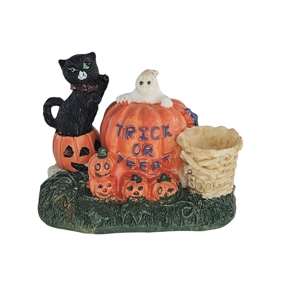 Vintage Halloween Candle Holder Figurine Trick Or Treat Boo Ghost Black Cat